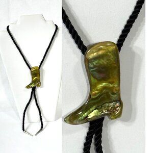 Black and chartreuse cowboy boot bolo tie.